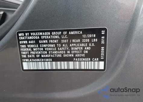 2019 Volkswagen Passat 2.0T Wolfsburg Edition from USA, damaged, VIN 1VWLA7A33KC013920
